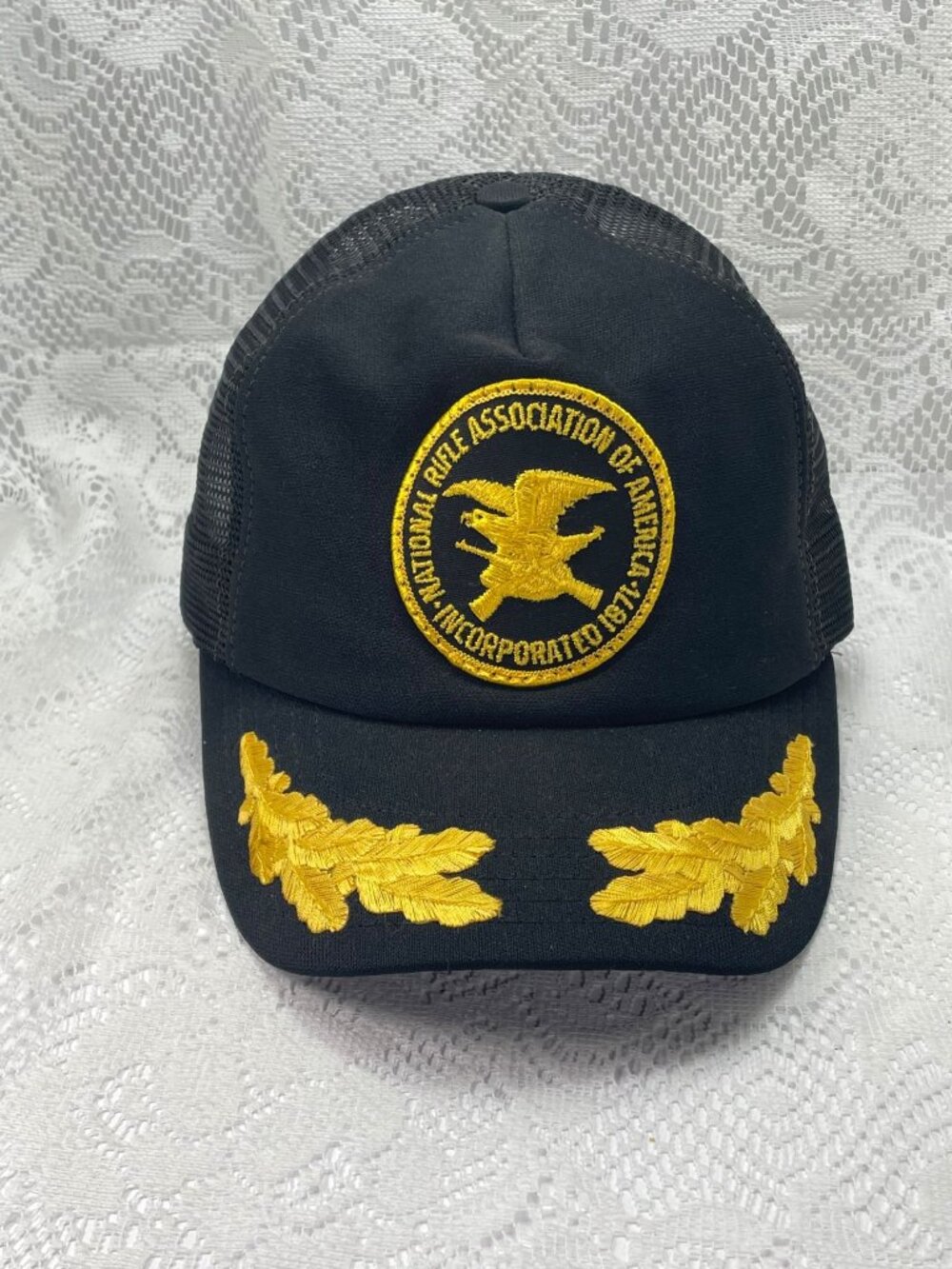 Vintage NRA Trucker Hat Black Mesh Gold wings Made in USA